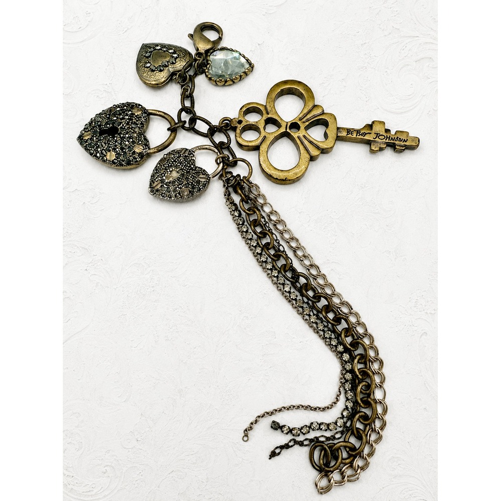 Vintage Betsey Johnson Bronze Crystal Heart Lock Skeleton Key Clip-on Pendant